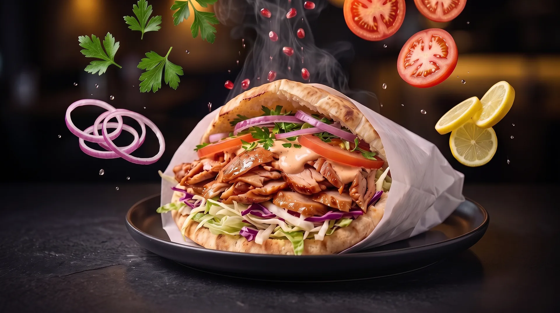 The finished kebab, ingredients flying over it
